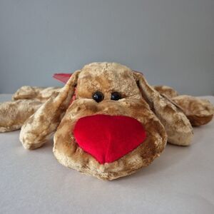 Dan Dee Stuffed Plush Laying Down Brown Velour Soft Floppy Dog Red Nose Bow VTG